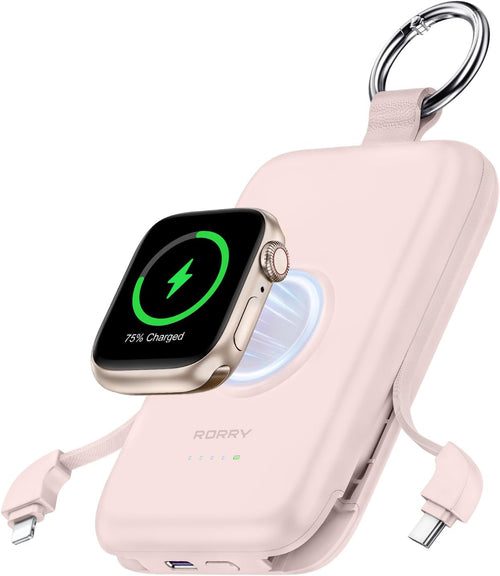 Charmgo Portable Charger, 10000Mah 20W Fast Charging Portable Charger Power Bank with Built in Cables, Travel Battery Pack for Iphone 17/16/15/14/13/12 and Apple Watch, Pink