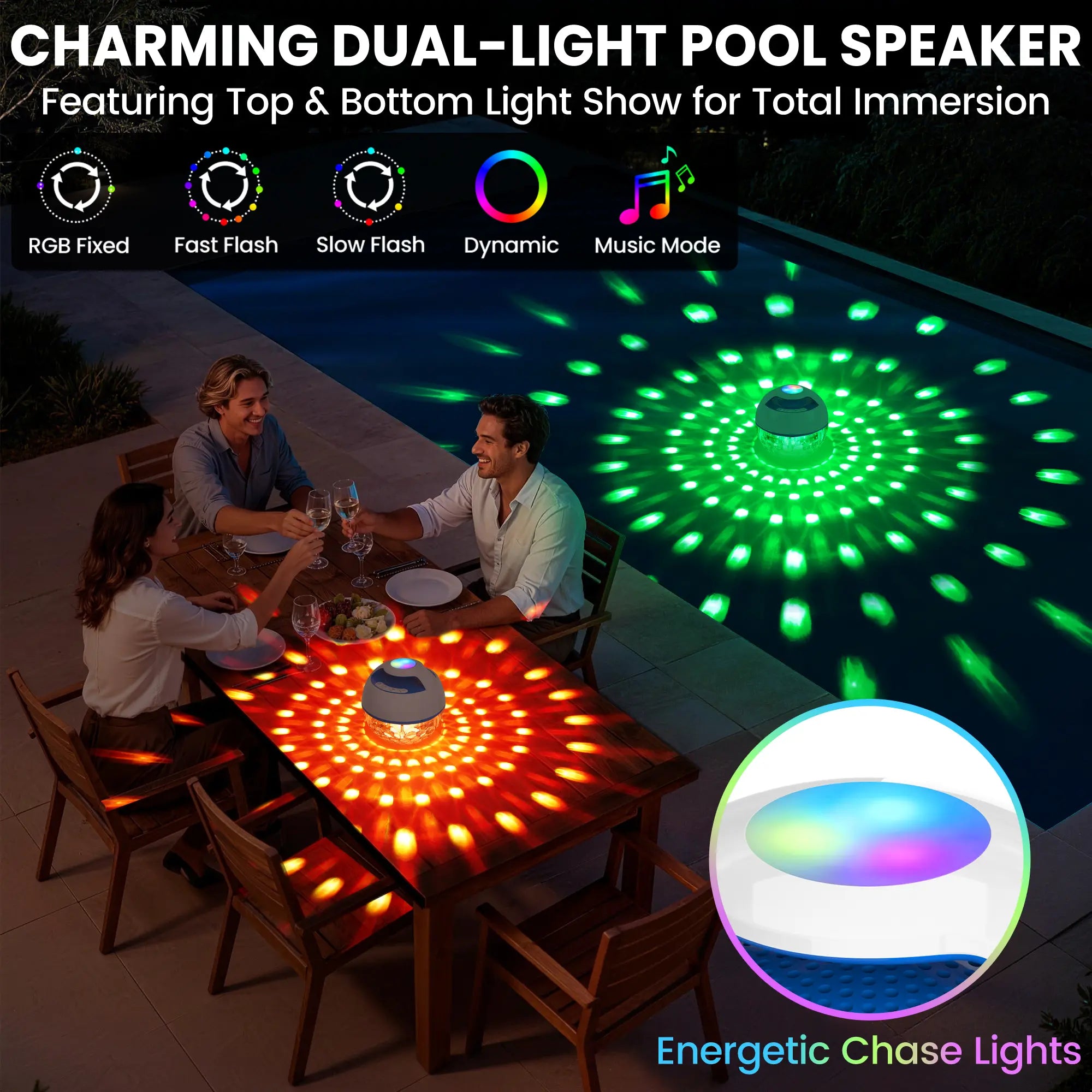 Portable Bluetooth Floating Pool Speaker, IP68 Waterproof Hot Tub Speaker with Colorful Lights, 360° Surround Stereo Loud Sound, Hands-Free Wireless Speaker for Pool Spa - White