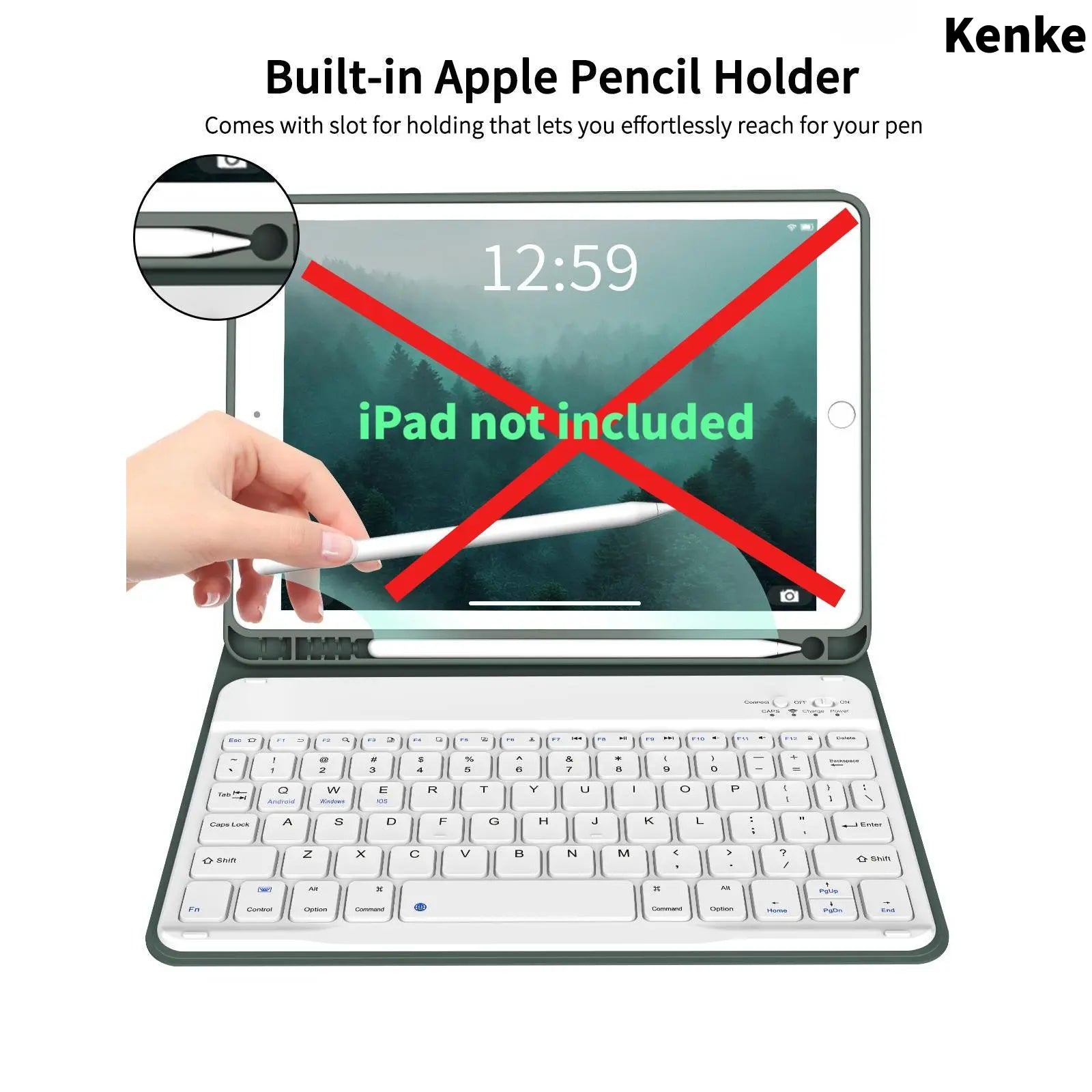 Kenke Bluetooth Keyboard Tablet Case with Pencil Holder - Magnetic Computer Accessory, Multi-Angle Stand, Handheld Protection, Mobile Cells Casing Compatible with Ipad 7Th/8Th/9Th/10Th/11Th Gen, A16 Model, Ipad Air 11-13 In