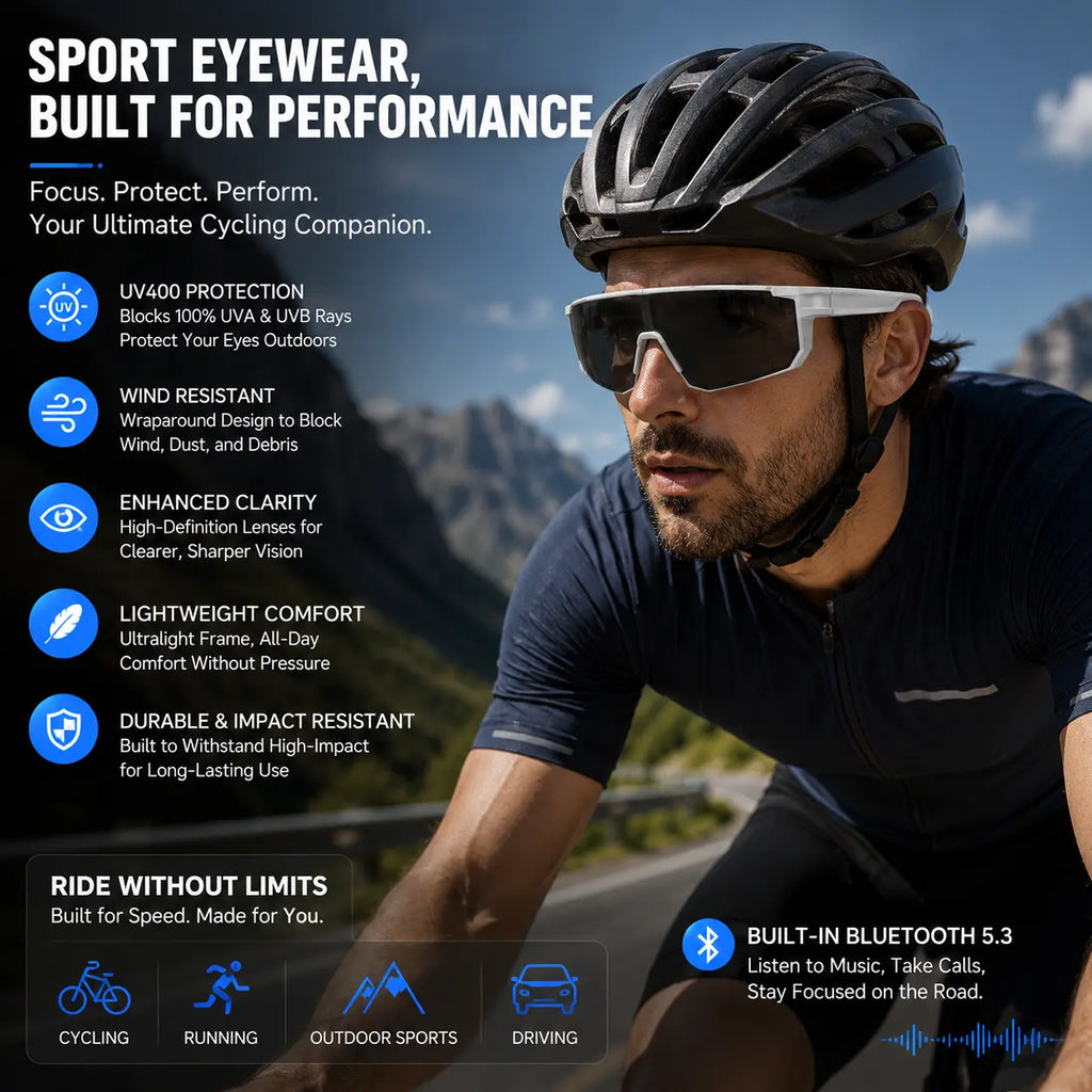 Photochromic Polarized Bluetooth Safety Glasses, Photochromic UV400 Lens, Dustproof and Waterproof, Open-Ear Music, Hands-Free Calls, AI Translation Eyewear for Warehouse, Construction, Delivery and Outdoor Work