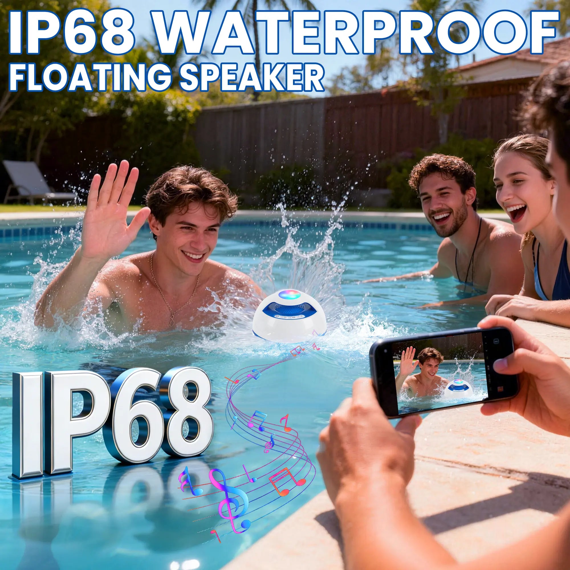 Portable Bluetooth Floating Pool Speaker, IP68 Waterproof Hot Tub Speaker with Colorful Lights, 360° Surround Stereo Loud Sound, Hands-Free Wireless Speaker for Pool Spa - White