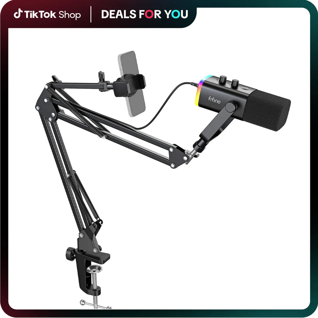 FIFINE AM8T NEO Adjustable Microphone Boom Arm with Stable Phone Holder for Live Streaming Podcasting Tiktok Gaming Recording Content Creation Voiceover Gaming Setup Multi-Functional Adjustable Arm Professional Creator Gear,Father'Sdaygifts