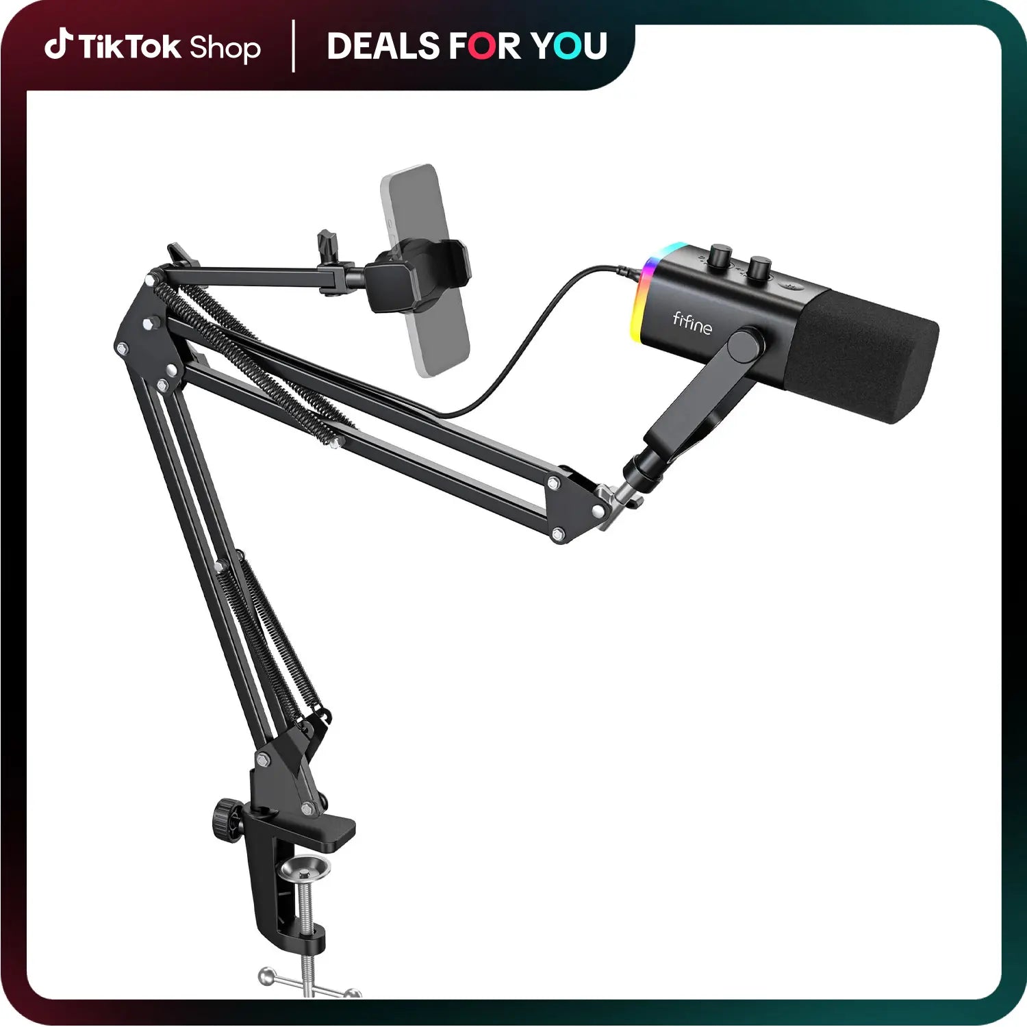 FIFINE AM8T NEO Adjustable Microphone Boom Arm with Stable Phone Holder for Live Streaming Podcasting Tiktok Gaming Recording Content Creation Voiceover Gaming Setup Multi-Functional Adjustable Arm Professional Creator Gear,Father'Sdaygifts