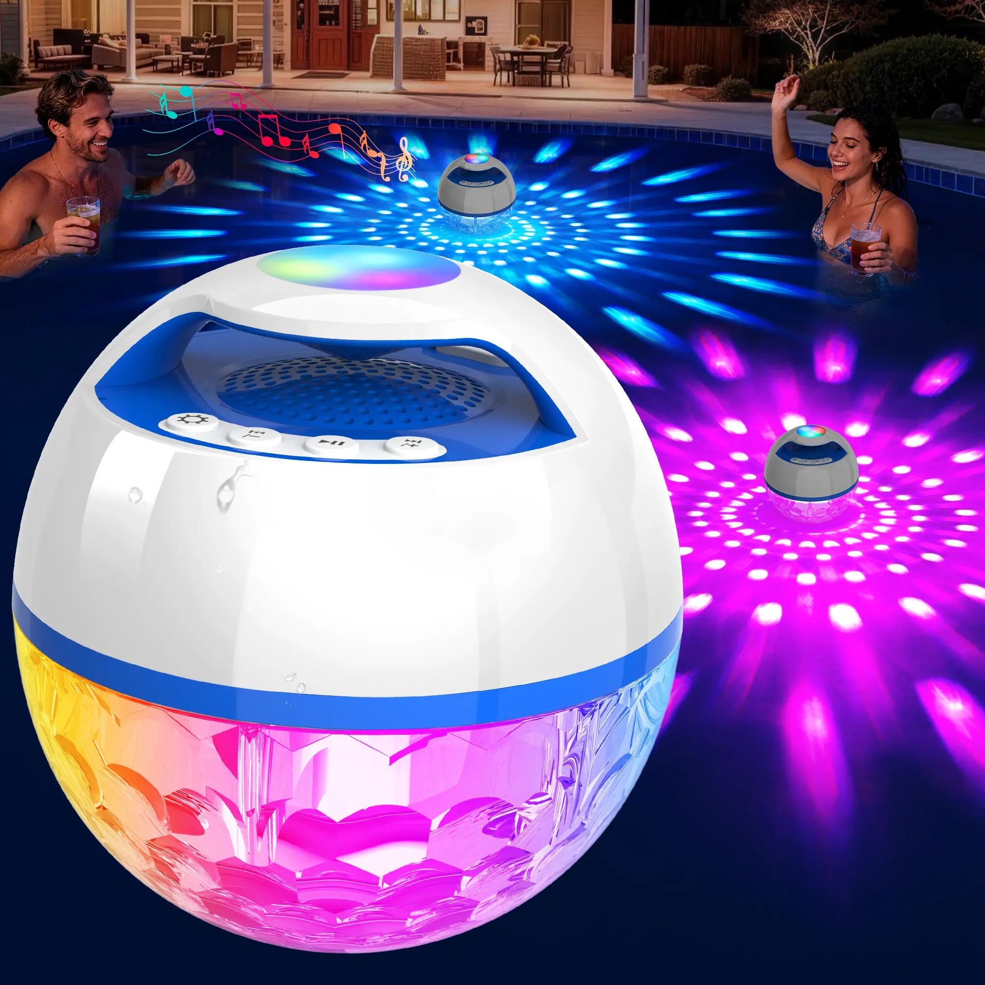 Portable Bluetooth Floating Pool Speaker, IP68 Waterproof Hot Tub Speaker with Colorful Lights, 360° Surround Stereo Loud Sound, Hands-Free Wireless Speaker for Pool Spa - White