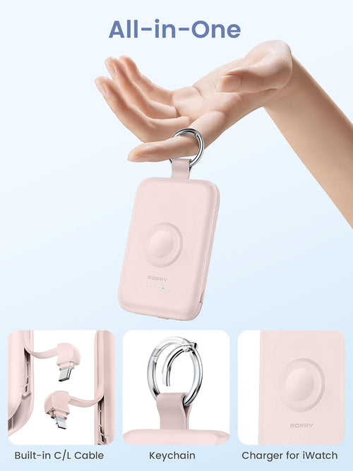 Charmgo Portable Charger, 10000Mah 20W Fast Charging Portable Charger Power Bank with Built in Cables, Travel Battery Pack for Iphone 17/16/15/14/13/12 and Apple Watch, Pink